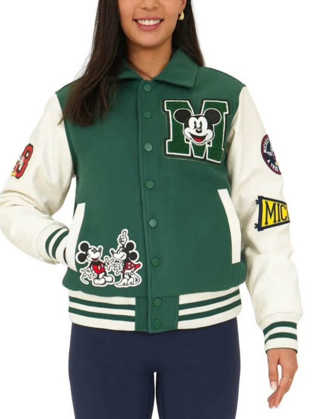 Disney Green and White Mickey Varsity Jacket Hoodie